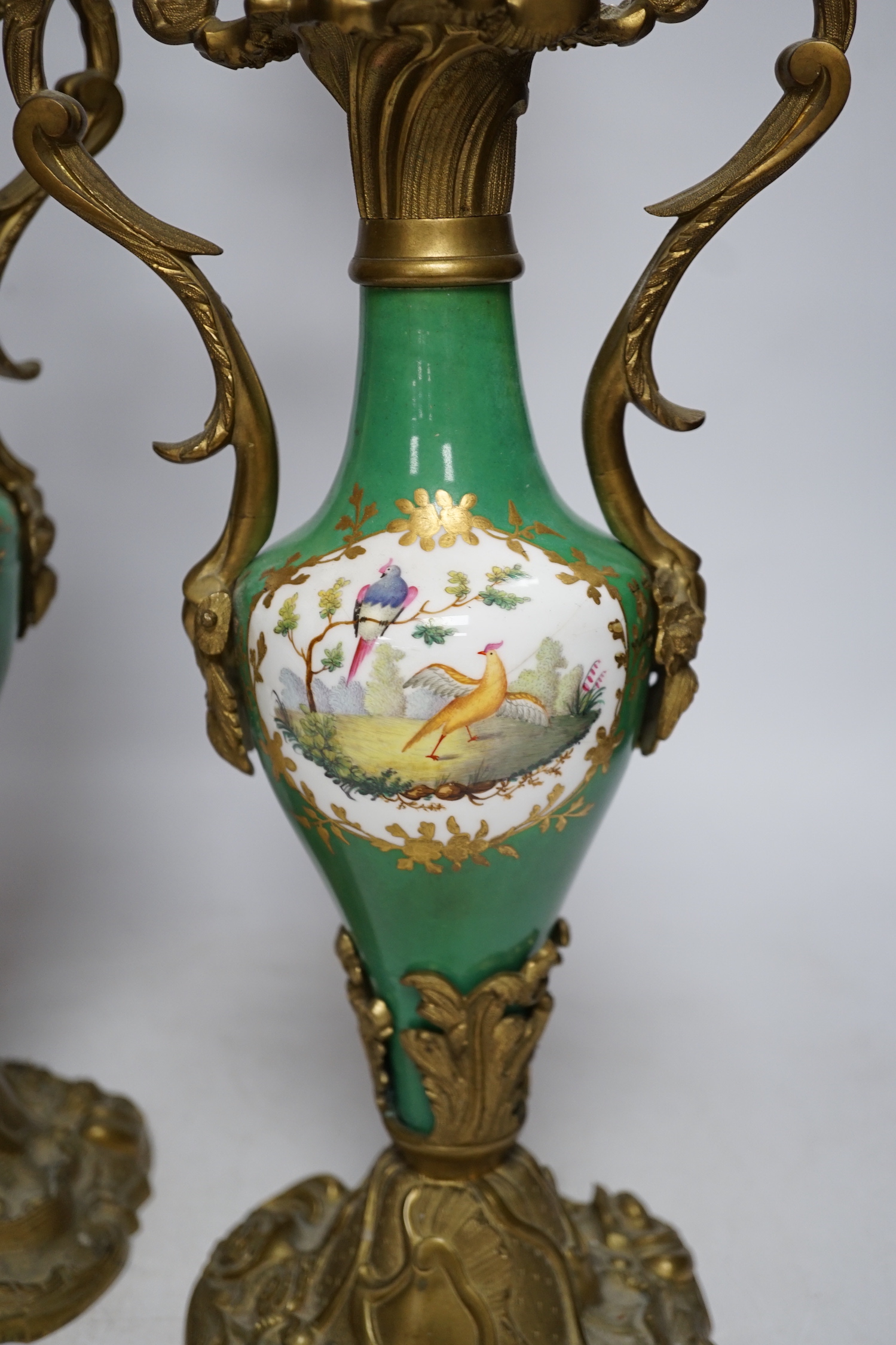 A pair of Sevres style porcelain and brass rococo-style two branch candelabra, hand painted with exotic birds, 50cm high